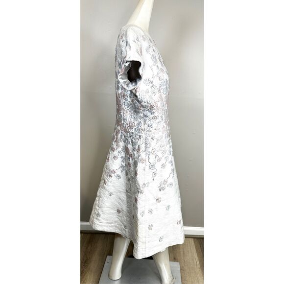 NWT Rickie Freeman Teri John Floral Jacquard A-line Dress Silver Size 10 $495 - Picture 5 of 7